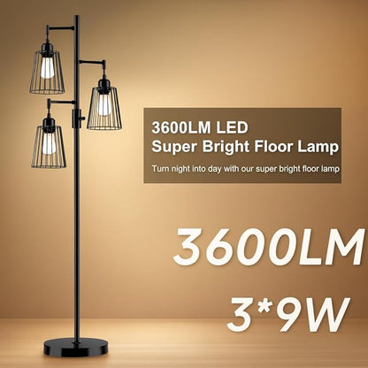 PESRAE Dimmable Industrial Floor Lamp, Farmhouse Floor Lamp Standing Lamp with 3 Elegant Teardrop Cage Heads & Included 3 x 1200LM Edison LED Bulbs, Tall Lamp for Living Room, Bedroom (Matte Black)