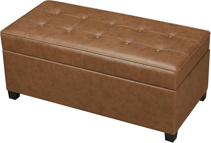 Homebeez 40" Faux Leather Storage Ottoman Bench, End of Bed Bench, Upholstered Bench with Storage for Living Room,Bedroom,Entryway (40" Caramel Brown)