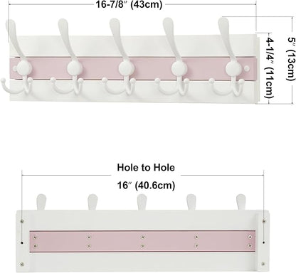 SKOLOO Coastal Wall Mounted Coat Rack - 16-7/8" Beach House Entryway Wooden Coat Hook with 5 Hooks for Hanging Coats, Hats or Towels, Oceanfront Cottage Core Collection, White & Palm Beach Pink