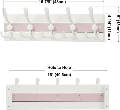 SKOLOO Coastal Wall Mounted Coat Rack-16.88" Beach House Entryway Wooden Coat Hook with 5 Hooks for Hanging Coats, Hats or Towels, Oceanfront Cottage Core Collection, White&Palm Beach Pink, Pack of 2
