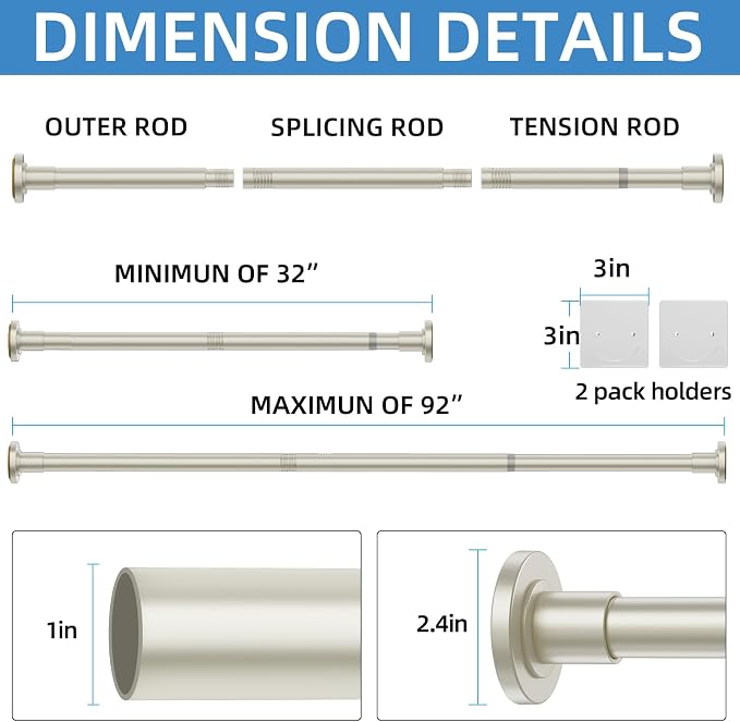 CorkLatta Nickel Shower Curtain Rod,1 Inch Diameter Stainless Steel Adjustable Spring Tension Rods 32 to 92",with Holders,Anti-Slip,Curtain Rods No Drilling(1 Pack)