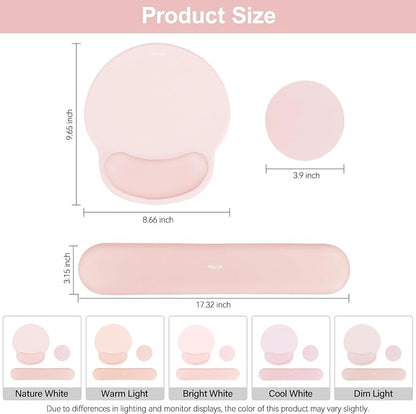 MOSISO Wrist Rest Support for Mouse Pad&Keyboard Set, Circle Curved Ergonomic Mousepad&Coaster Non-Slip Base Home/Office Pain Relief&Easy Typing Pad with Soft Cloth&Silicone Lining, Chalk Pink