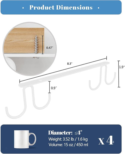 Luckinow Mug Hooks Under Cabinet 3 Pack, Coffee Cup Hooks for Hanging Under Shelf, Mug Organizer Rack with 12 Hooks for Displaying Mugs, Coffee Cups and Kitchen Utensils, White