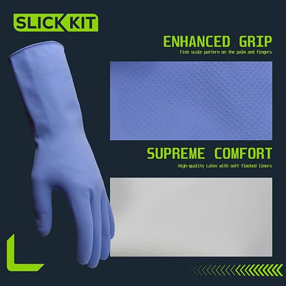 Rubber Kitchen Cleaning Gloves, Reusable Dishwashing Gloves, Non-Slip, with Flocked Liner, 3 Pairs (Pink+Yellow+Blue) (Large)