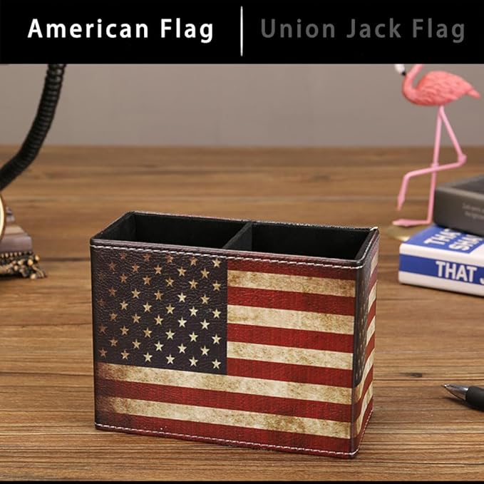 American Flag Desk Organizer, PU Leather Retro Vintage Cool Supplies, Patriotic Decor Pen Pencil Holder Office Home Accessories (USA Flag)