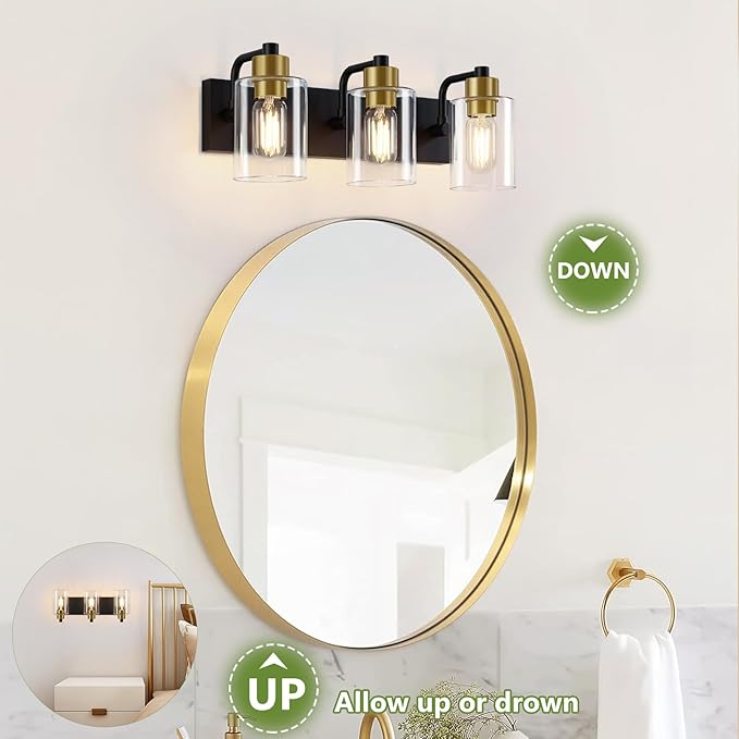 Bathroom Light Fixtures,Matte Black and Gold 3-Light Bathroom Lights with Clear Glass Shade,Modern Wall Sconces Over Mirror for Bathroom, Black&Gold, JD-188