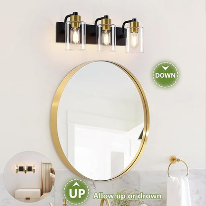 Bathroom Light Fixtures,Matte Black and Gold 3-Light Bathroom Lights with Clear Glass Shade,Modern Wall Sconces Over Mirror for Bathroom, Black&Gold, JD-188