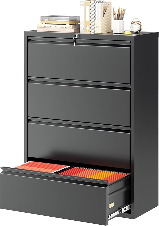 Superday Lateral File Cabinet 4 Drawer Metal File Cabinet with Lock, Black Filing Cabinets for Home Office, Locking Filing Cabinets Hanging Files Letter/Legal/F4/A4