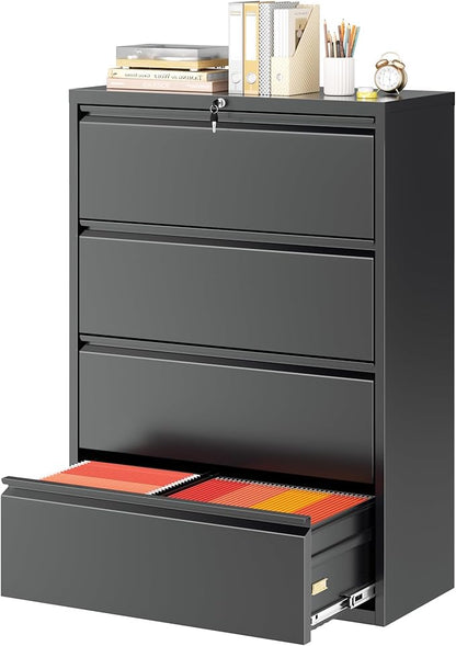 Superday Lateral File Cabinet 4 Drawer Metal File Cabinet with Lock, Black Filing Cabinets for Home Office, Locking Filing Cabinets Hanging Files Letter/Legal/F4/A4