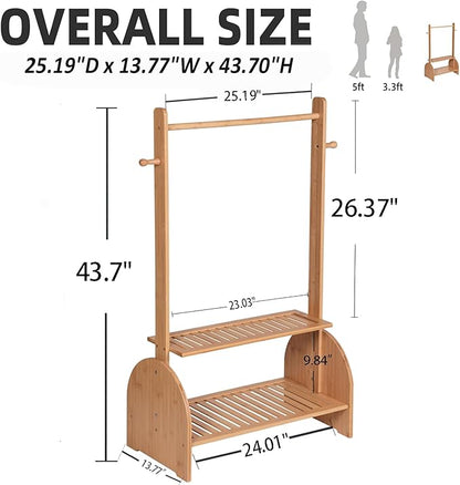 Kids Clothing Rack with Adjustable Rods, Children Clothes Garment Rack for Kids Baby Pet, Kids Dress Up Rack with 2 Bottom Shelves, Kids Wardrobe Closet for Toddlers Nursery (Natural)