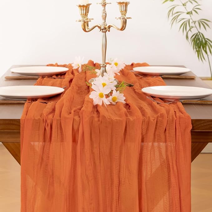 Socomi 6pcs Orange Cheesecloth Table Runner Valentine's Day Boho Rustic Gauze 120 inch 10FT Cheese Cloth Runner for Wedding Party Baby Shower Birthday Home Decor Holiday Decorations