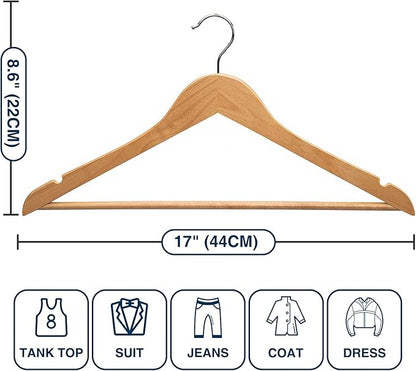 Wooden Hangers 60 Pack,Wood Hanger,Solid Shirt Hangers with Pants Bar,Heavy Duty & Slim Coat Hanger,for Suit Coat Jacket Pants（Natural）