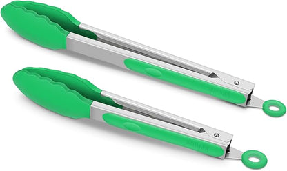 2 Pack Silicone Kitchen Tongs – 9" & 12" Set, Heat Resistant up to 500°F, Non‑Stick Cookware Safe, Wavy Silicone Tips, BPA Free, Locking Clip & Hanging Loop, Dark Green