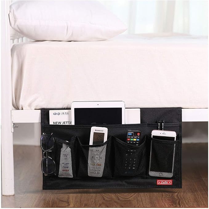 Zafit Bedside Storage Organizer - 6 Pockets, Table Cabinet Caddy for Remotes, Phone, Glasses (Black)