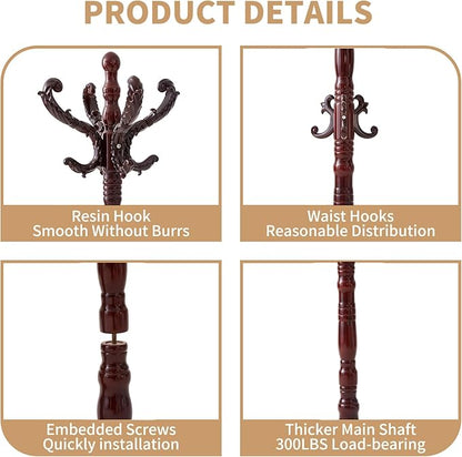 ZOZOE Wooden Classic Coat Rack Stand, Solid Wood Coat Rack Freestanding with 14 Hooks, Vintage Coat Racks with Sturdy Round Base, Natural Birch Wood Coat Tree Hanger Stand for Entryway Hallway