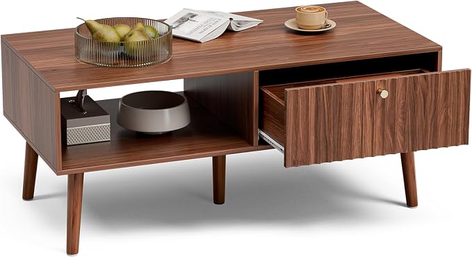 LCRBOL Coffee Table with Storage, Mid Century Dining Table with Fluted Drawer and Solid Wood Legs, Small Coffee Tables for Living Room, Walnut