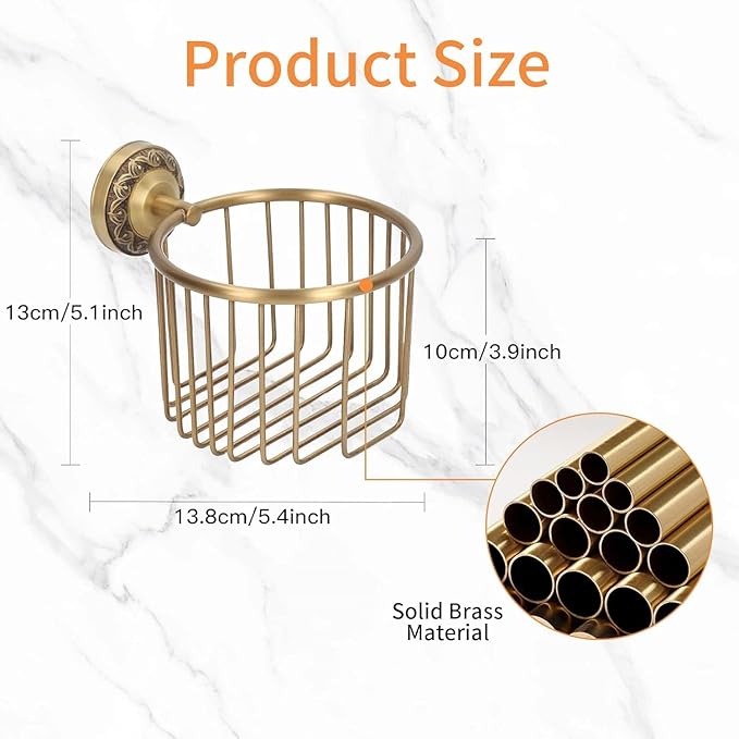 Antique Toilet Paper Holder Basket, Brass Antique Toilet Paper Holder Wall Mounted with Stable Metal Stand, Vintage Bathroom Decor Toilet Roll Holder with Shelf, Tissue Paper Roll Dispenser