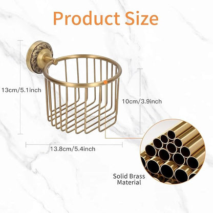 Antique Toilet Paper Holder Basket, Brass Antique Toilet Paper Holder Wall Mounted with Stable Metal Stand, Vintage Bathroom Decor Toilet Roll Holder with Shelf, Tissue Paper Roll Dispenser