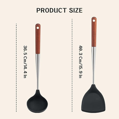 FJNATINH Silicone Spatula Ladle Set - BPA Free Stainless Steel Non Stick Heat-Resistant Kitchen Tools Cooking Utensils Cookware with Wooden Handle, 2 Pcs