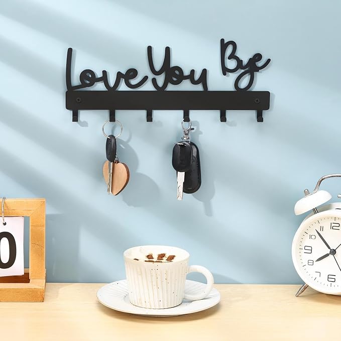 Valentines Key Holder Wall Mount Love You Bye Key Holder Hook Rack Organizer Hanger with 6 Hooks for Wall Express Love Art Sign Decor for Entryway Front Door(Hook Style,10 x 4)