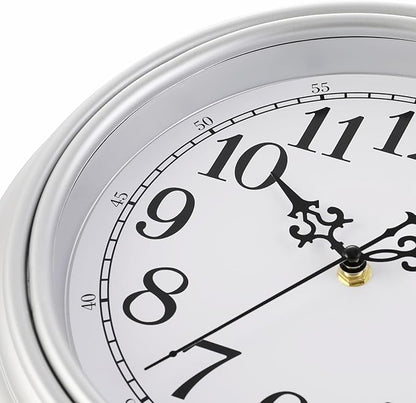 Plumeet Retro Wall Clock, 12'' Non Ticking Classic Silent Vintage Wall Clocks Decorative Kitchen Living Room Bedroom - Battery Operated, Silver