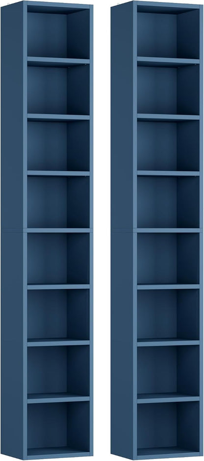 FOTOSOK 2 Pcs 71'' Tall Narrow Bookshelf, 8-Tier Media Tower Rack Set of 2, CD DVD Storage Cabinet with Adjustable Shelves, Tall Narrow Bookcase Skinny Display Bookshelf Slim Shelf, Blue
