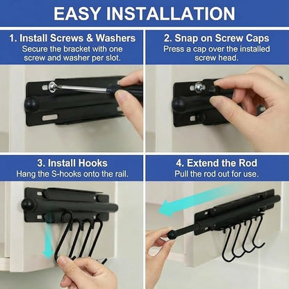 12 Inch Valet Rod for Closet Pull Out, Heavy Duty Carbon Steel Retractable Closet Rod with 4 Hooks, Slide Out Butler Hanger for Laundry Room, Bedroom, Black
