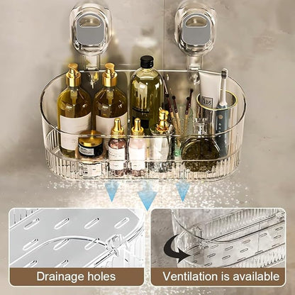 No-Drill Bathroom Suction Storage Box, 2025 New Heavy Duty Shower Caddy Hanging, Clear Acrylic Bathroom Suction Cup Shower Shelf for Family (Gray)