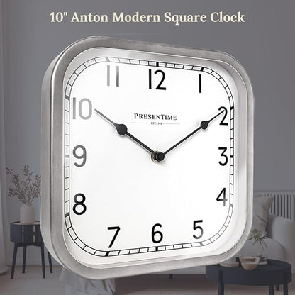 Presentime & Co 10" Anton Vintage Square Clock, Silent No Ticking, Wall & Mantel 2 in 1, Desk and Shelf Clock, Tabletop Décor, Modern Silver Color