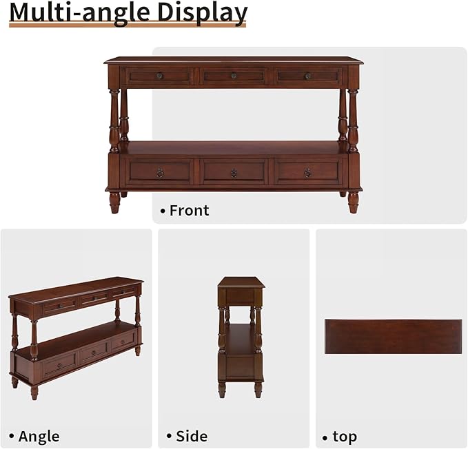 LKTART 54'' Solid Wood Console Table, Farmhouse Entryway Table with 6 Drawers and Shelf, Narrow Long Sofa Table with Storage for Living Room Hallway, Couch, Foyer (Cherry)