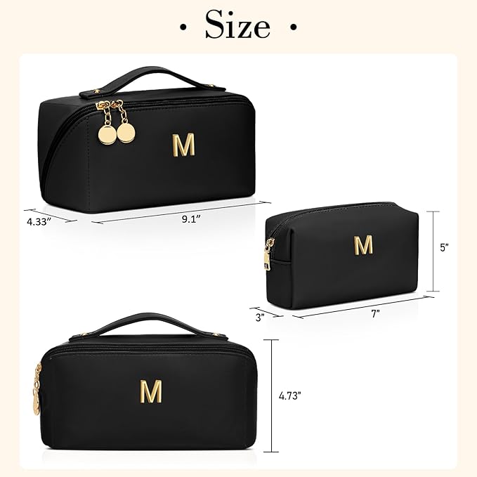 Valentines Day Gifts for Women Teen Girl, Personalized Initial Makeup Organizer Bag Set, Open Flat Travel Cosmetic Bag With Clear Divider and Handle(Black,M)