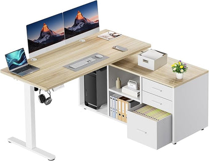 HUANUO L Shaped Standing Desk, Electric Executive Desk with Drawers, Adjustable Height Stand Up Desk, 55″ x 23.6″ One-Whole Piece Desktop, Computer Desk with 4 Memory Presets, Light Walnut