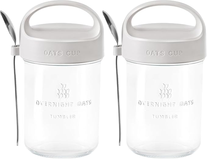2Pack Overnight Oats Containers with Lids and Handle,14 oz Airtight Oatmeal Container,Mason Jars with Lid for Cereal,Milk,Fruit,Yogurt,On The Go Container,Salad Jars,Glass Jars (Grey)