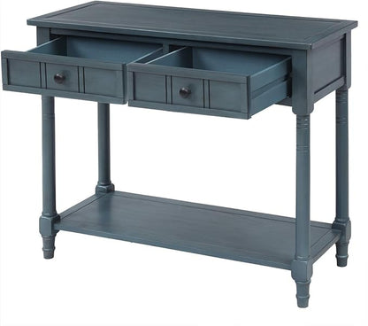 Knocbel 35.5 Inch Antique Entry Console Table with Drawers & Bottom Open Shelf, Solid Wood Sofa Couch Table for Entryway Hallway Living Room (Navy)