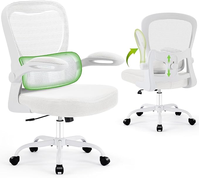 Ergonomic Office Chair, Comfy Desk Chair with Adjustable Lumbar Support, Mesh Computer Chair with Wheels, Flip-up Armrests, Swivel Rolling Executive Chair for Home Office, Gaming, White