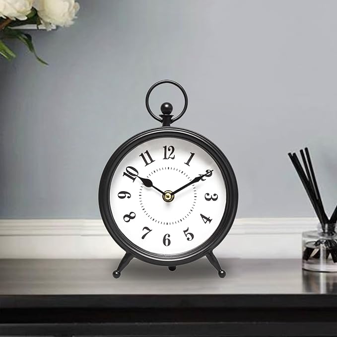 MACVAD Vintage Black Table Clock on Stand, Decorative Desk and Shelf Clock，Decorative Battery Operated Table Top Clock for Living Room，Silent Non-Ticking(Small)