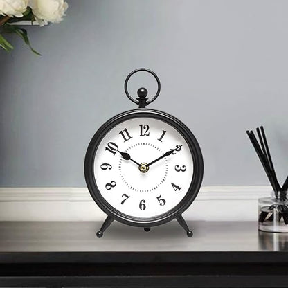 MACVAD Vintage Black Table Clock on Stand, Decorative Desk and Shelf Clock，Decorative Battery Operated Table Top Clock for Living Room，Silent Non-Ticking(Small)