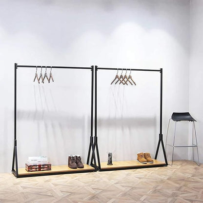 Modern Simple Heavy Duty Metal Rolling Garment Rack with Wheel,Retail Display Clothing Rack with Wood, Single Rod Floor-Standing Hangers Clothes Shelves (Black Square Tube B, 47.2 L)