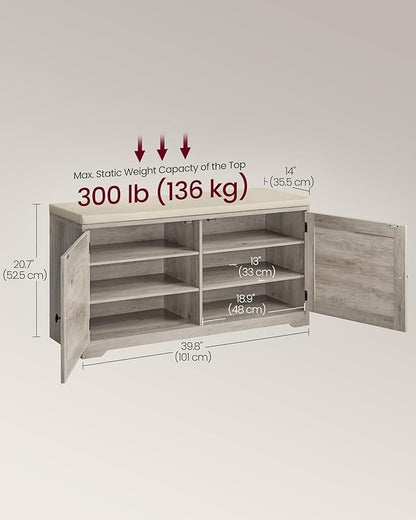 VASAGLE Shoe Storage Bench with Cushion, 3-Tier Entryway Bench with Padded Seat, Doors, Adjustable Shelves, 14 x 39.8 x 20.7 Inches, Hallway, Bedroom, Heather Greige and Cappuccino Beige ULSB044L01