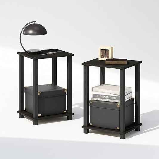 Furinno Simplistic Night Stand Set of 2, 2-Tier Small Nightstand with Open Shelf, Toolless Bedside Table, End Table, Side Table, for Bedroom, Closet, Dorm, Espresso