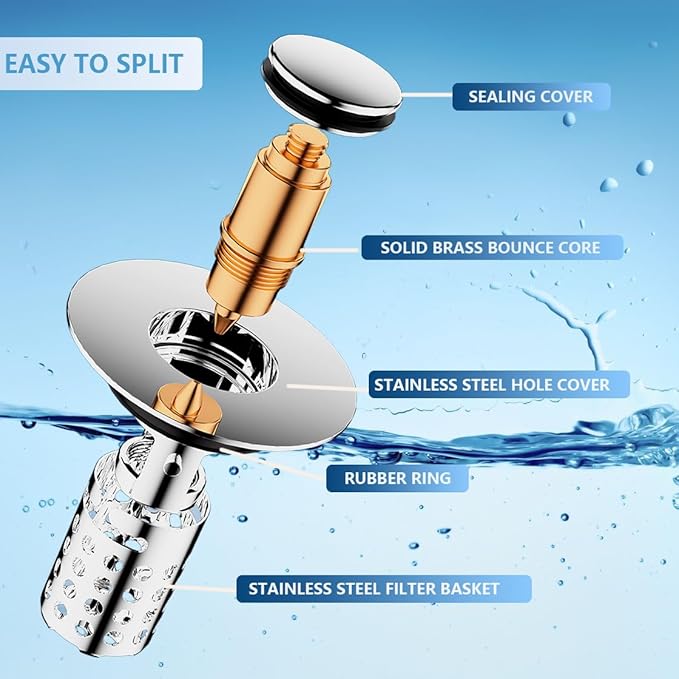 Upgraded Bathroom Sink Stopper Drain Strainer for 1.1-1.45 Inch,Universal Pop Up Stopper with Removable Stainless Steel Filter Basket Hair Catcher,Brass Bounce Core for US Universal