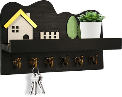 Cute Key Holder, Decorative Key Holder for Wall, Little House Design Key and Mail Holder for Bags, Umbrella, Mail, Wallet and Dog Leash - Farmhouse Key Hooks Wall Mount for Entryway