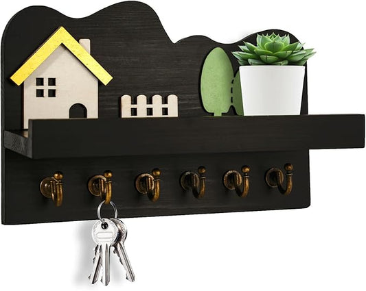 Cute Key Holder, Decorative Key Holder for Wall, Little House Design Key and Mail Holder for Bags, Umbrella, Mail, Wallet and Dog Leash - Farmhouse Key Hooks Wall Mount for Entryway