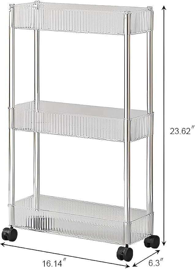 Sooyee Slim Clear 3-Tier Plastic Rolling Utility Cart with Wheels, Multi-Functional Storage Trolley for Office, Living Room, Kitchen, Movable Storage Organizer with Wheels
