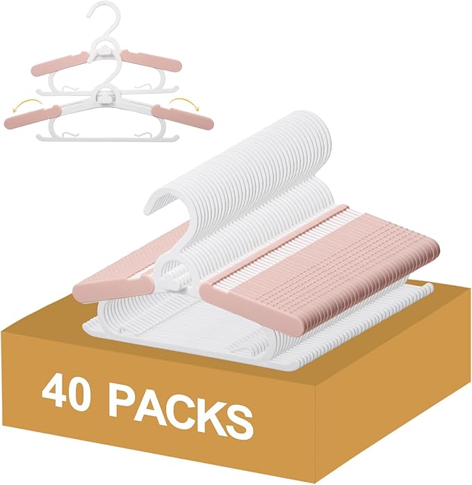 40 Pack Baby Clothes Hangers, 11-15" Adjustable Non-Slip Thickened Kid Hangers for Nursery Closet Toddlers Infant Children to Teenager (Pink)