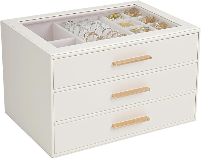 Jewelry Box for Women, Glass Lid Jewelry Organizer with 3 Drawers PU Jewelry Storage Case for Necklaces Rings Earrings Bracelets, White
