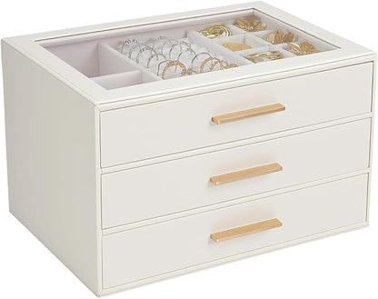 Jewelry Box for Women, Glass Lid Jewelry Organizer with 3 Drawers PU Jewelry Storage Case for Necklaces Rings Earrings Bracelets, White