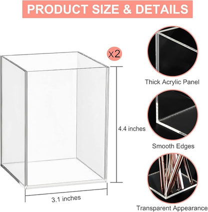 Mototo 2 Pieces Clear Acrylic Pen Holder & Pencil Cup Clear Makeup Bush Holder Acrylic Desktop Stationery Organizer for Office School Home Desk Accessories - 2 Pack, Square