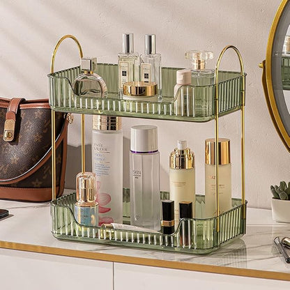 shuang qing Bathroom Counter Organizer Countertop Storage, Cosmetics Skincare Shelf, Makeup Organizer Perfume for Dresser Vanity Tray, Spice Rack for Kitchen(2 Tier-Green)