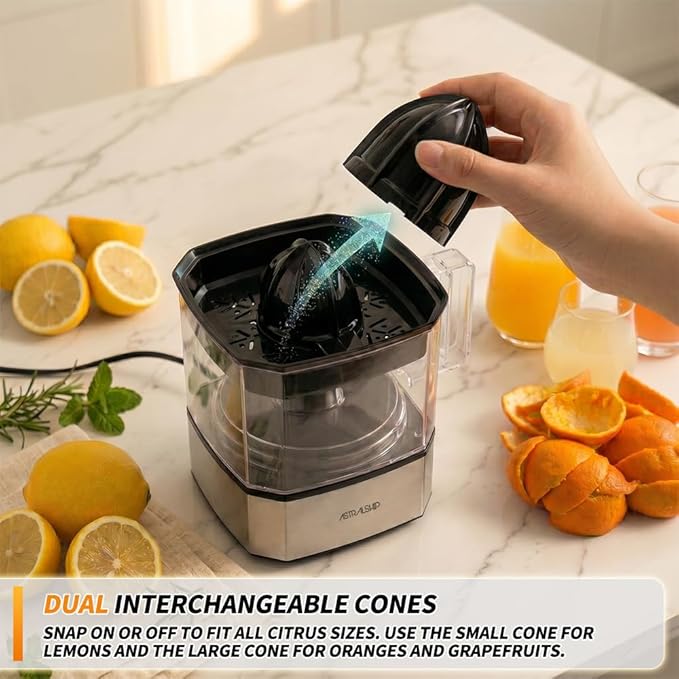 Astralship Citrus Juicer Machine Electric Orange & Lemon Squeezer with Stainless Steel Base, 24oz Pitcher, Pressure-Activated, 2 Cones & Pulp Filter for Orange, Lemon, Grapefruit Juice